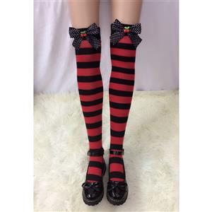 Lovely Red-black Strips Spots Bowknot with Cherry Maid Cosplay Stockings HG18537