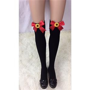 Lovely Black Stockings,Black Cosplay Stockings, Sunflower Thigh High Stockings, Red Bowknot Stocking, Stretchy Nightclub Knee Stockings, #HG18466