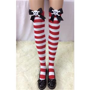 Lovely Red-white Strips Black Bowknot  with Skeleton Cosplay Stockings HG18506