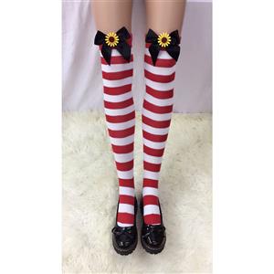 Cute Red-white Strips Stockings, Sexy Thigh Highs Stockings, Red-white Strips Cosplay Stockings, Sunflower Thigh High Stockings, Stretchy Nightclub Knee Stockings, #HG18502