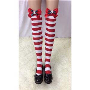 Cute Red-white Strips Stockings, Sexy Thigh Highs Stockings, Red-white Strips Cosplay Stockings, Red Bowknot Thigh High Stockings, Stretchy Nightclub Knee Stockings, #HG18494