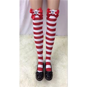 Lovely Pure Red-white Strips Red Bowknot  with Skeleton Cosplay Stockings HG18505