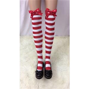 Cute Red-white Strips Stockings, Sexy Thigh Highs Stockings, Red-white Strips Cosplay Stockings, Snowflake Printed Thigh High Stockings, Stretchy Nightclub Knee Stockings, #HG18496