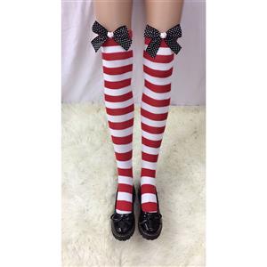 Lovely Red-white Strips Spots Bowknot  with Cartton Cat Cosplay Stockings HG18509