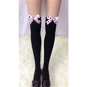 Lovely Pure Black French Maid Cosplay White Strawberry Printed Bowknot Stockings HG18480