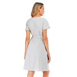 Fashion Casual Low-cut Open Wrap Skirt Short Sleeve Self-tie Bowknot Summer Day Dress N19041