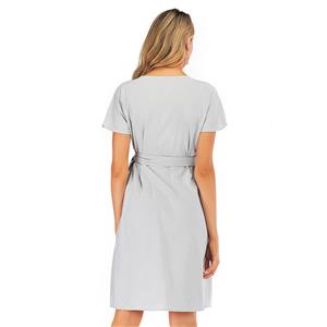 Fashion Casual Low-cut Open Wrap Skirt Short Sleeve Self-tie Bowknot Summer Day Dress N19041