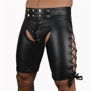 Men's Black Leather Lace Up Open Hip Pants N11839