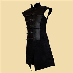 Men's Steampunk Knight PU Leather Armour High Collar Buckles One-piece Gown Tunic Costume N19968