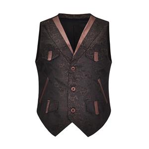 Mens Steampunk Brown Brocade Waistcoat Buttons V Neck Party Vest N21040