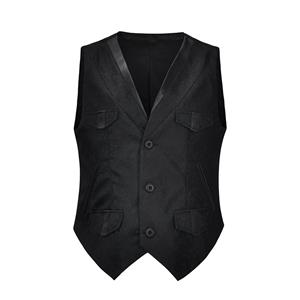 Mens Steampunk Black Brocade Waistcoat Buttons V Neck Party Vest N21041
