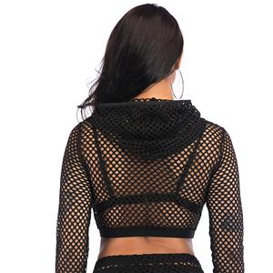 Sexy Sheer Black Mesh Long Sleeves Hooded Crop Top Lingerie N19012