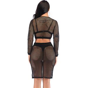 Sexy Sheer Black Mesh Long Sleeves Round Neckline Crop Top & Skirt Nightclothes Lingerie Set N18973