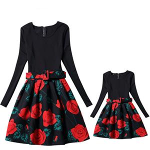 Mother and Daughter Vintage Dress, Fashion Mom＆Me Clothing, Vintage Dress for Mom＆Me, Dresses for Mom＆Me, Long Sleeve Dress for Mother and Daughter, Floral Print Tank Mini Dress, #N15529