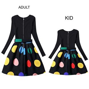 Black Vintage Long Sleeve Dot Print Mother and Daughter A-Line Family Matching Dress N15530
