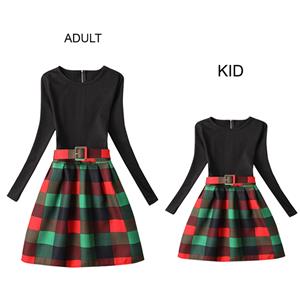 Black Vintage Long Sleeve Checked Print Mother and Daughter A-Line Family Matching Dress N15532