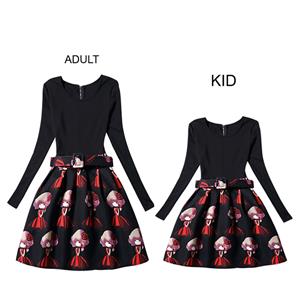 Black Vintage Long Sleeve Cartoon Girl Print Mother and Daughter A-Line Family Matching Dress N15535