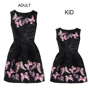 Mom＆Me Family Matching Black Vintage Sleeveless Butterfly Pattern A-Line Casual Tank Dress N15510