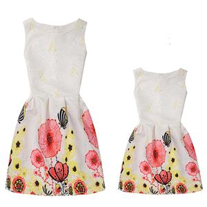 Mom＆Me Family Matching White Vintage Sleeveless Flower Print A-Line Casual Dress N15516