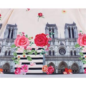Vintage Notre-Dame de Paris and Rose Print Spaghetti Straps High Waist Midi Dress N19067