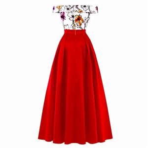 Women's Vintage Off Shoulder Floral Print Patchwork Long Prom Gowns Evening Dress N16278