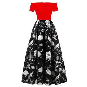 Women's Vintage Black/Red Off Shoulder Floral Print Splicing A Line Long Prom Ball Gowns N16280