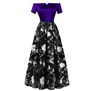 Women's Vintage Black/Blue Off Shoulder Floral Print Splicing A Line Long Prom Ball Gowns N16281