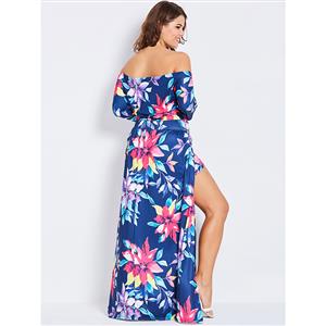 Women's Blue Off Shoulder Half SLeeve Flower Print Spliting Plus Size Maxi Dress N15997