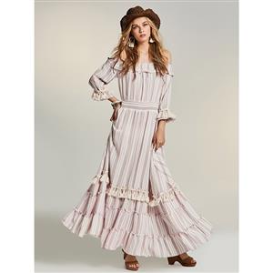Women's Off Shoulder Nine Point Sleeve Falbala Stripe Maxi Dress N14526