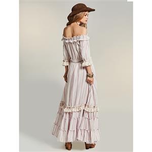 Women's Off Shoulder Nine Point Sleeve Falbala Stripe Maxi Dress N14526