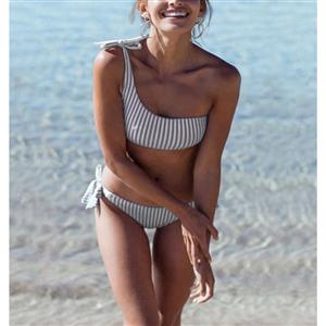 Sexy Gray One Shoulder Tie Up Stripe Beachwear Bikini Set N17950