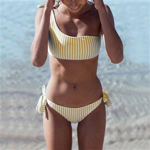 Sexy Yellow One Shoulder Tie Up Stripe Beachwear Bikini Set N17951