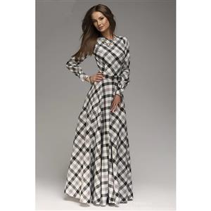 Classic Vintage Paid Long Sleeve Maxi Casual Dresses N11525
