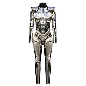 pale yellow Robot 3D Printed High Neck Long Bodycon Jumpsuit Halloween Costume N22325