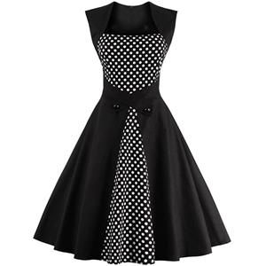 Charming Polka Dot Patchwork Sleeveless Casual Cocktail Party Dress N12125