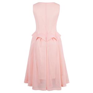 Women's Pink Mesh Round Neck Sleeveless Double-Layered Midi Dresses N14543