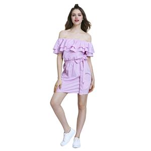 Women's Pink Off Shoulder Falbala Cap Sleeve Vertical Striped Mini Dress N14515