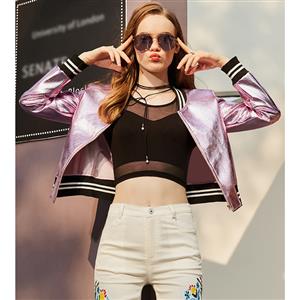 Women's Stylish Pink Round Neck Long Sleeve PU Short Jacket N16027