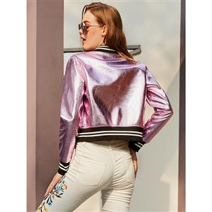 Women's Stylish Pink Round Neck Long Sleeve PU Short Jacket N16027