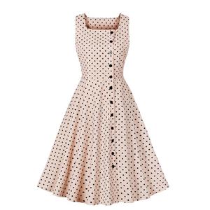 Women's Apricot Black Polka Dot Dress Square Neck Single Breasted Sleeveless Vest Dress N23429