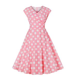 Retro Full Skirt Mid-Length Skirt Women's Hepburn Style French Pink Polka Dot Dress N2342