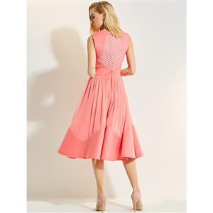 Fashion Pink Round Neck Sleeveless Ruffled Patchwork Women's Day Dress N14957