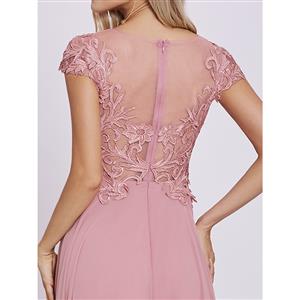 Women's Pink Scoop Neck Cap Sleeve Appliques A Line Chiffon Prom Gowns N15956