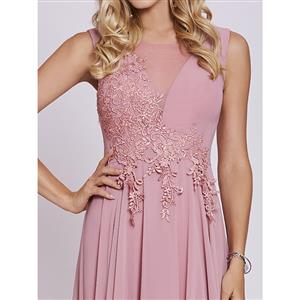 Women's Pink Scoop Neck Lace-Up Appliques A Line Chiffon Prom Gowns N15955