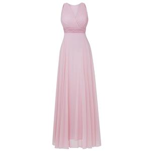 Sleeveless V Neck A-Line Dress, Pink Pleated A-Line Dress, Women's Pink Chiffon Maxi Evening Gowns, Pleated Beaded Long Dress, Sexy Pink Long Prom Dress, #N15939
