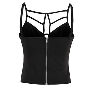 Women's Plain Black Strappy Back Zipper Vest N14369