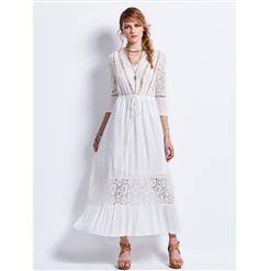 Ankle Length Dress for Women, White Lace Maxi Dress, Casual Long Maxi Dress, Wedding Maxi Dress, V Neck Dress for Women, Long Dress for Women, #N13081