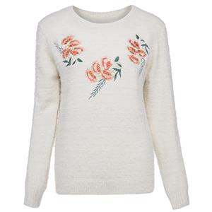 Women's White Round Neck Long Sleeve Flower Embroidery Pullover Sweater N15321