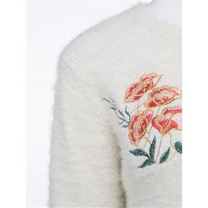 Women's White Round Neck Long Sleeve Flower Embroidery Pullover Sweater N15321
