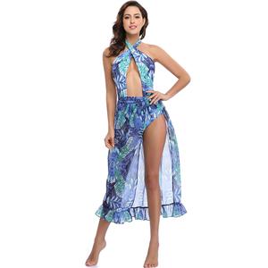Sexy Blue Plant Print Swimsuit&Cover Up, Women's Sexy Swimsuit&Cover Up, Sexy Criss Corss Halter Plant Print Swimsuit &Cover Up, #BK12620